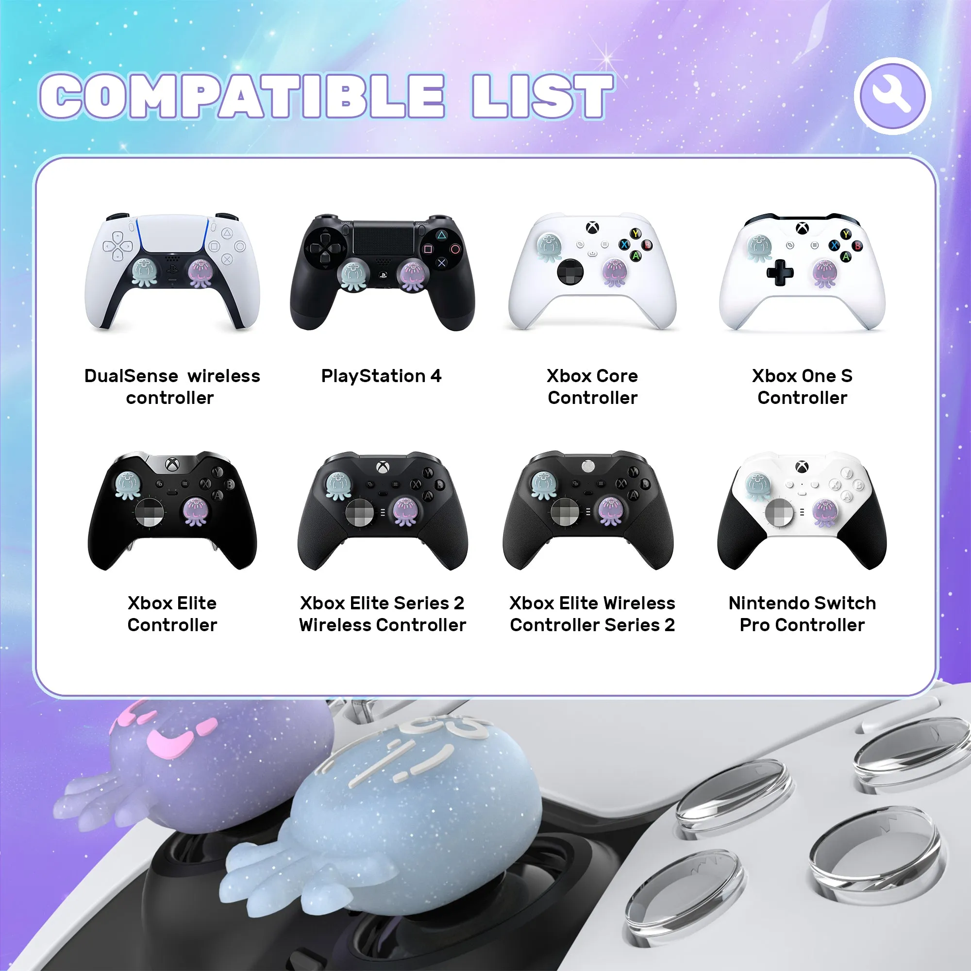 PlayVital Cute Universal Illuminated LED Thumbstick Grips for ps5 & ps4 & Xbox Series X/S & Xbox One & Switch Pro Controller - Jellyfish Purple & Blue - PJM6002