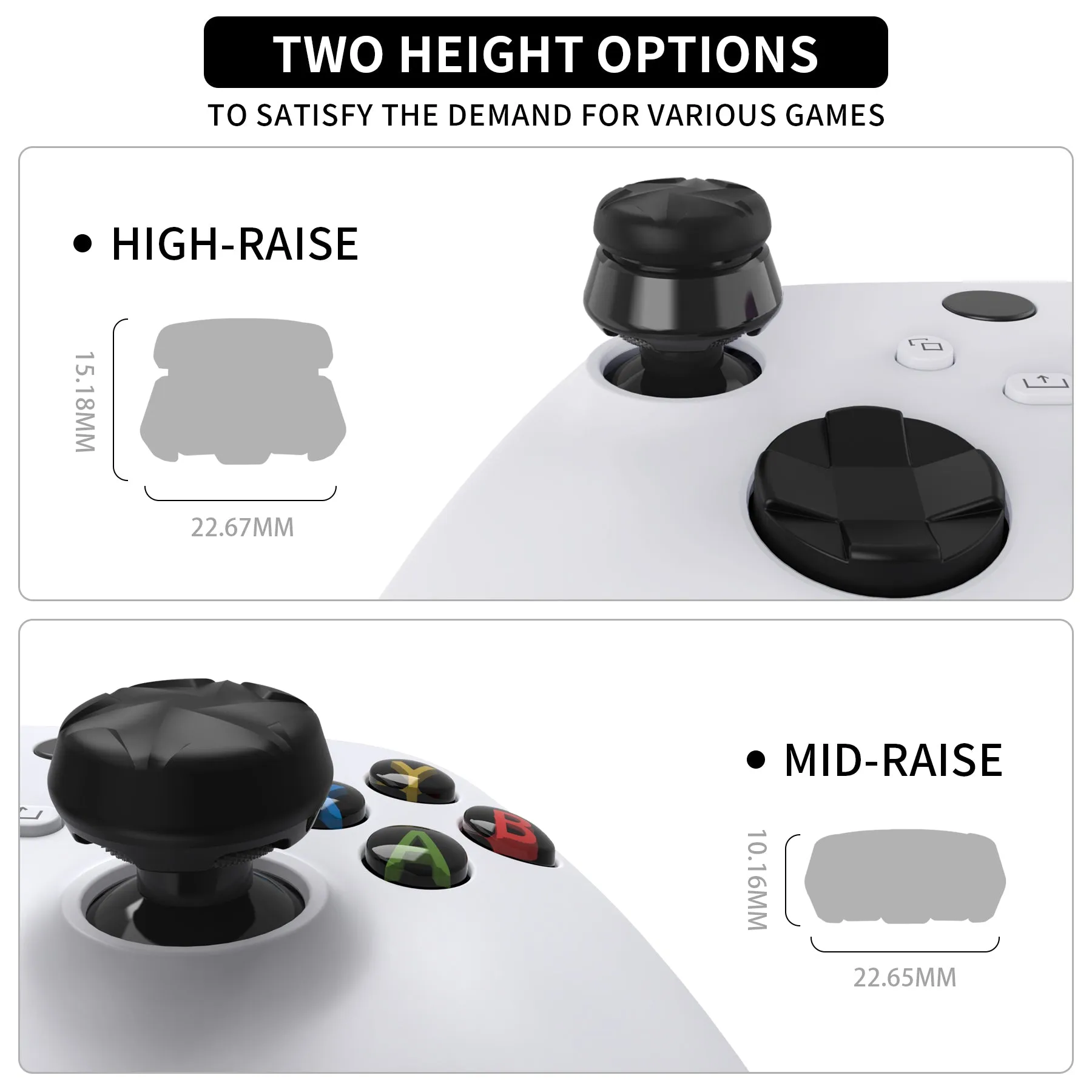 PlayVital Thumbs Pro RAZOR Thumbstick Extender for Xbox Core Controller, for Xbox Series X/S Controller, Joystick Caps for Xbox One Controller - 2 High Raise & 2 Mid Raise Dome - Black - PJM5005