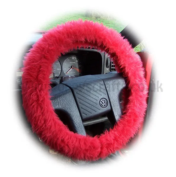 Racing Red Car Steering wheel cover & matching fuzzy faux fur seatbelt pad set