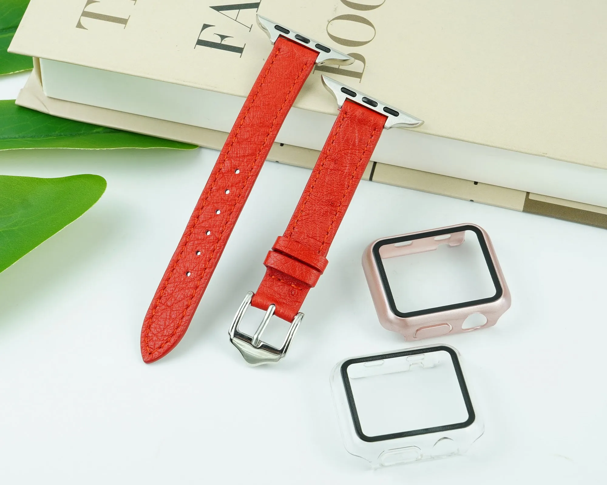 Red Flat Ostrich Leather Band Compatible Apple Watch Iwatch 44mm Screen Protector Case Silver Adapter Replacement Strap For Smartwatch Series 4 5 6 SE Leather Handmade AW-190S-W-44MM