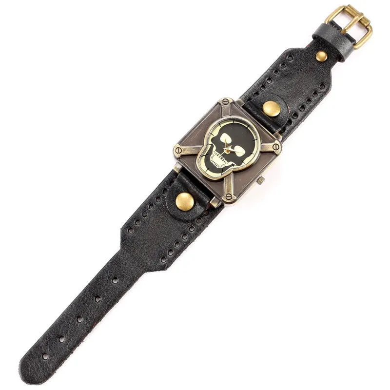 Retro Genuine Leather Vintage Skull Skeleton Bracelet Wrist Watch Punk Men Boy