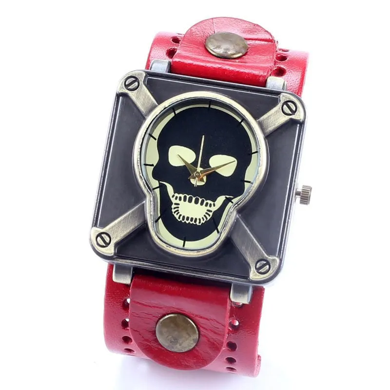 Retro Genuine Leather Vintage Skull Skeleton Bracelet Wrist Watch Punk Men Boy