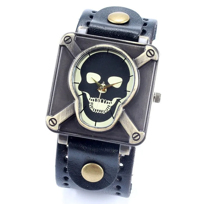 Retro Genuine Leather Vintage Skull Skeleton Bracelet Wrist Watch Punk Men Boy