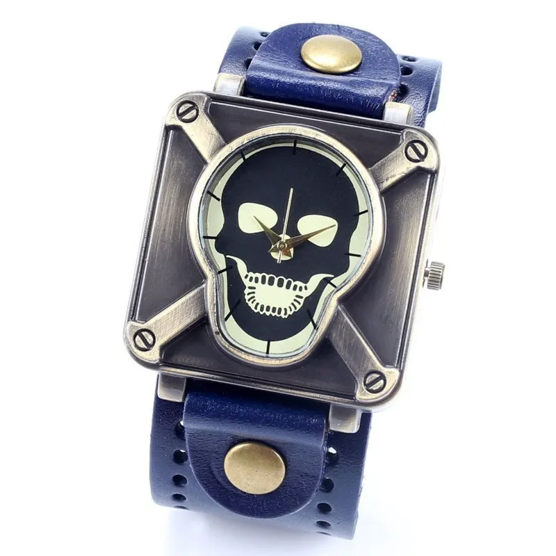 Retro Genuine Leather Vintage Skull Skeleton Bracelet Wrist Watch Punk Men Boy