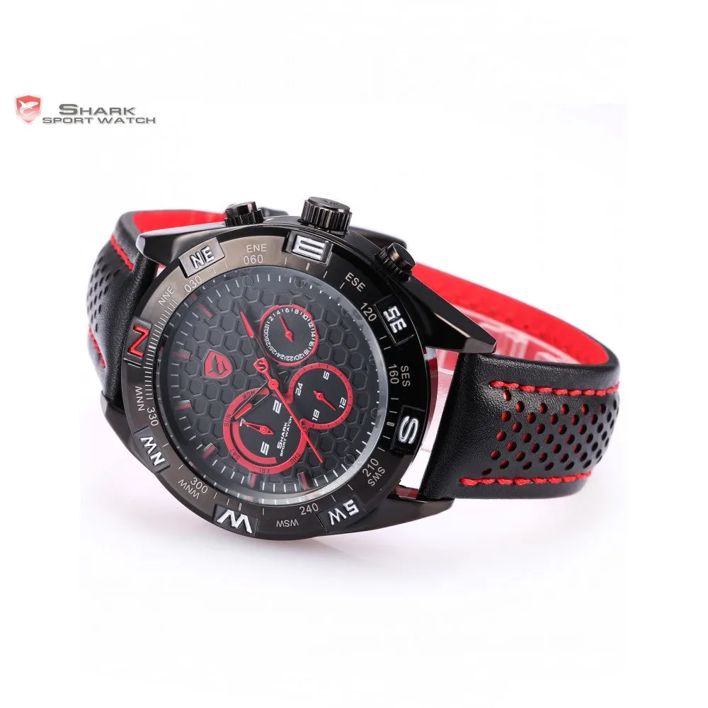 Shortfin Shark Sport Watch 2nd Generation Speedy Leather Band Red Black Dial Dual Time Zone Date 24Hr Mens Quartz Watches