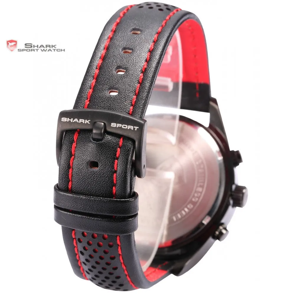 Shortfin Shark Sport Watch 2nd Generation Speedy Leather Band Red Black Dial Dual Time Zone Date 24Hr Mens Quartz Watches