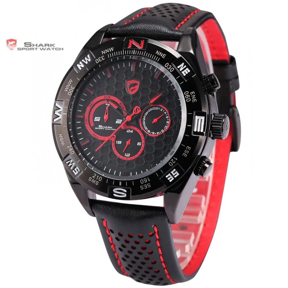 Shortfin Shark Sport Watch 2nd Generation Speedy Leather Band Red Black Dial Dual Time Zone Date 24Hr Mens Quartz Watches