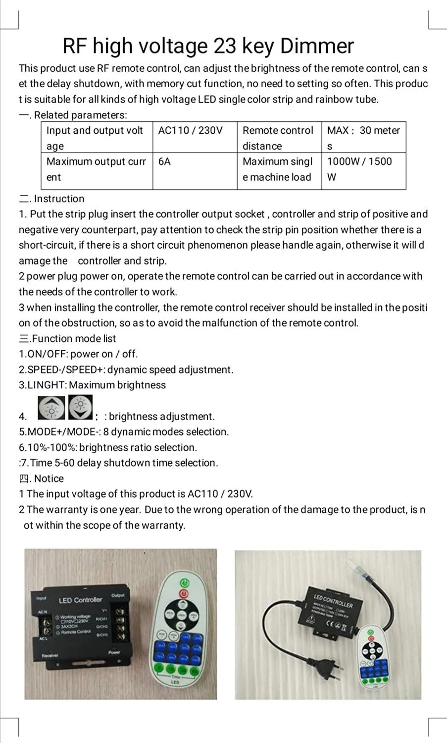 Single Colour Wireless Neon Flex AC 220 240V 8x16mm 23-Key RF Remote Control 1500W Dimmer Transformer for Brightness Adjustment