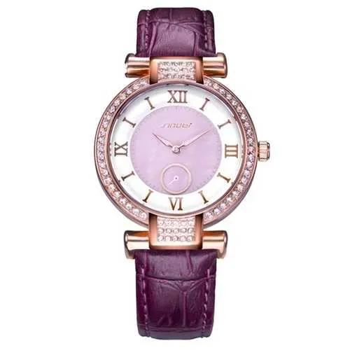 SINOBI 8192 Fashion Style Diamond Case Ladies Women Watch Leather Roman Numerals Dial Quartz Watch