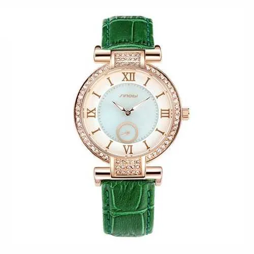 SINOBI 8192 Fashion Style Diamond Case Ladies Women Watch Leather Roman Numerals Dial Quartz Watch