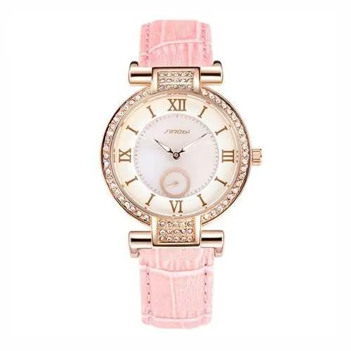 SINOBI 8192 Fashion Style Diamond Case Ladies Women Watch Leather Roman Numerals Dial Quartz Watch