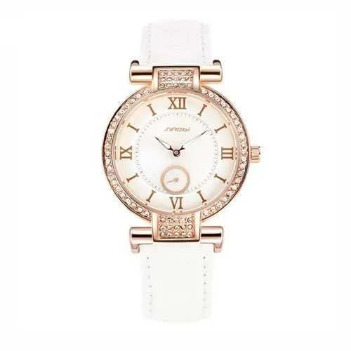 SINOBI 8192 Fashion Style Diamond Case Ladies Women Watch Leather Roman Numerals Dial Quartz Watch