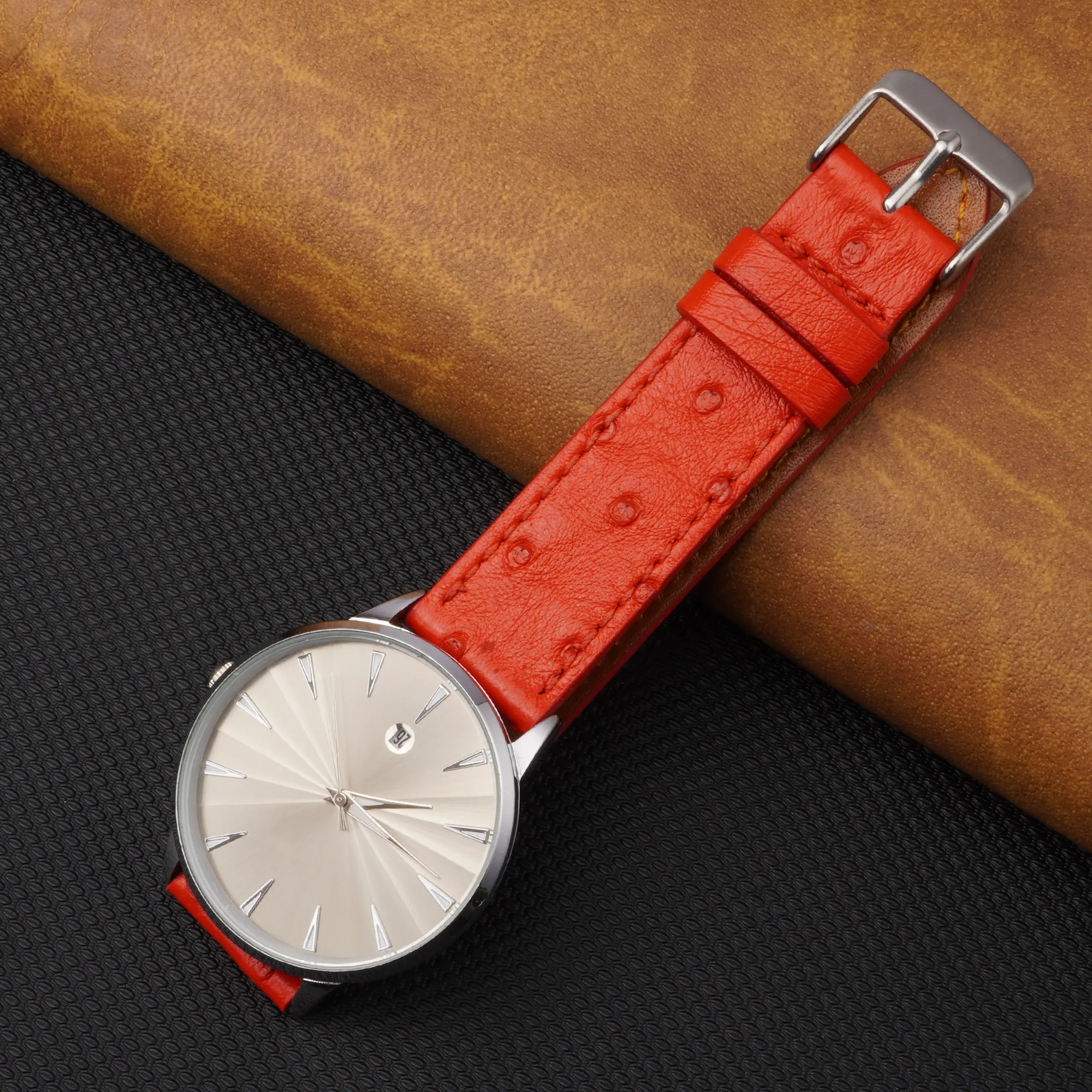 Slim Red Ostrich Leather Watch Band