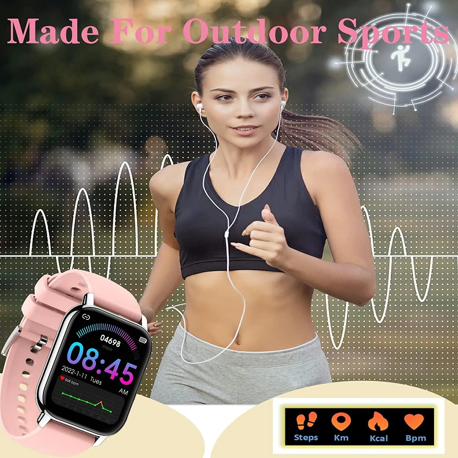 Smart Sport Watch 1.85 Inches ,IP68 Waterproof pro charging Pink,Black