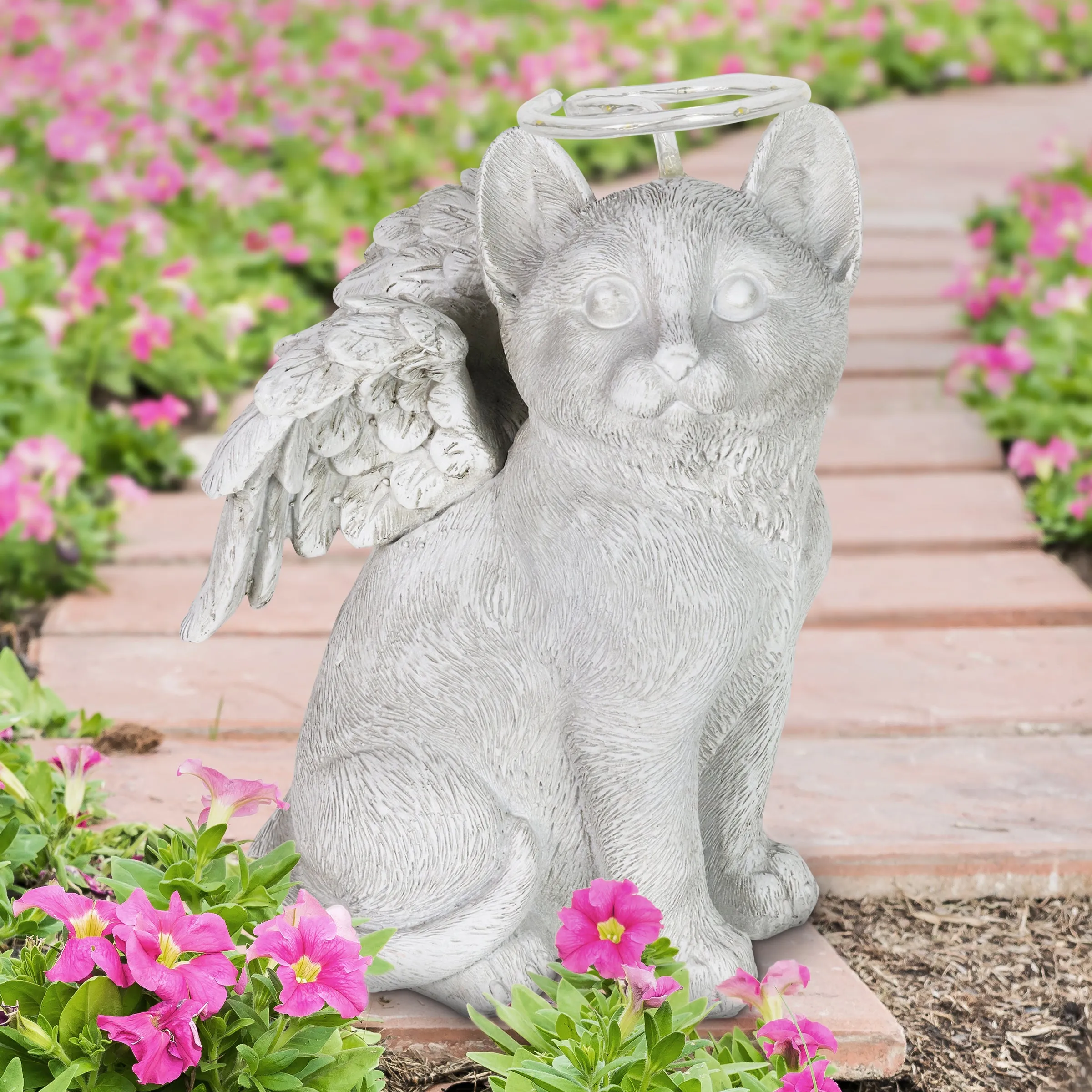 Solar Halo Cat with Angel Wings Memorial Statue, 10 Inches