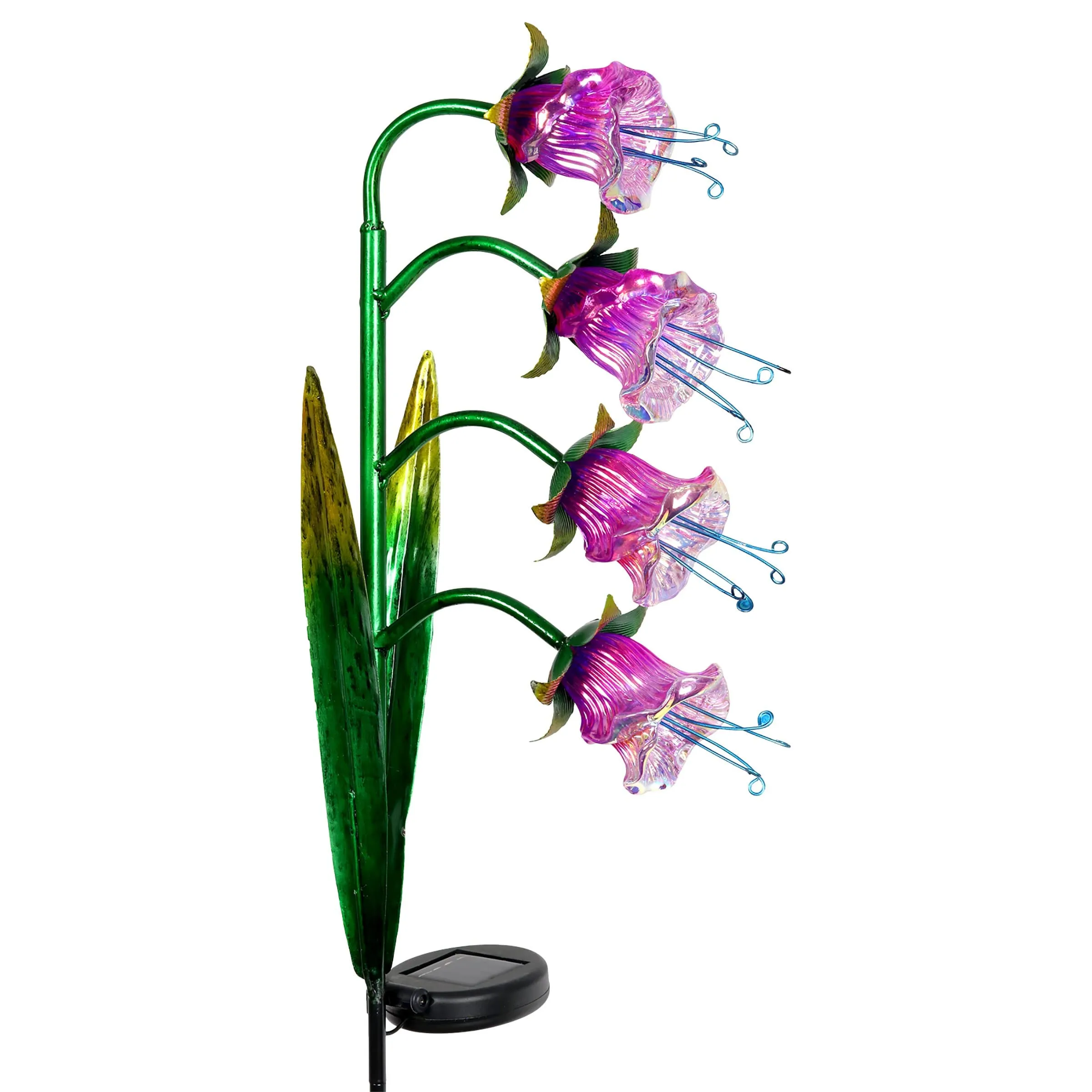 Solar Iridescent Glass Garden Stake with Four Cascading Pink Bell Flowers, 8 by 34 Inches