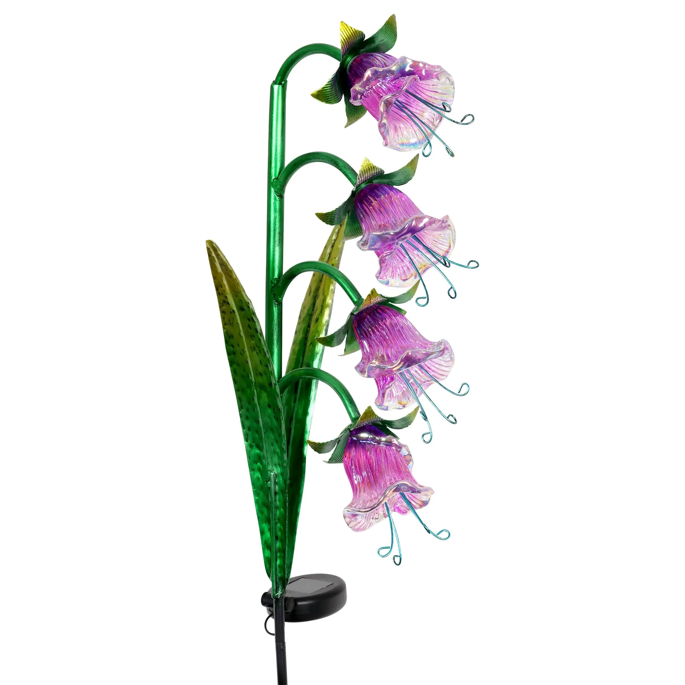 Solar Iridescent Glass Garden Stake with Four Cascading Pink Bell Flowers, 8 by 34 Inches