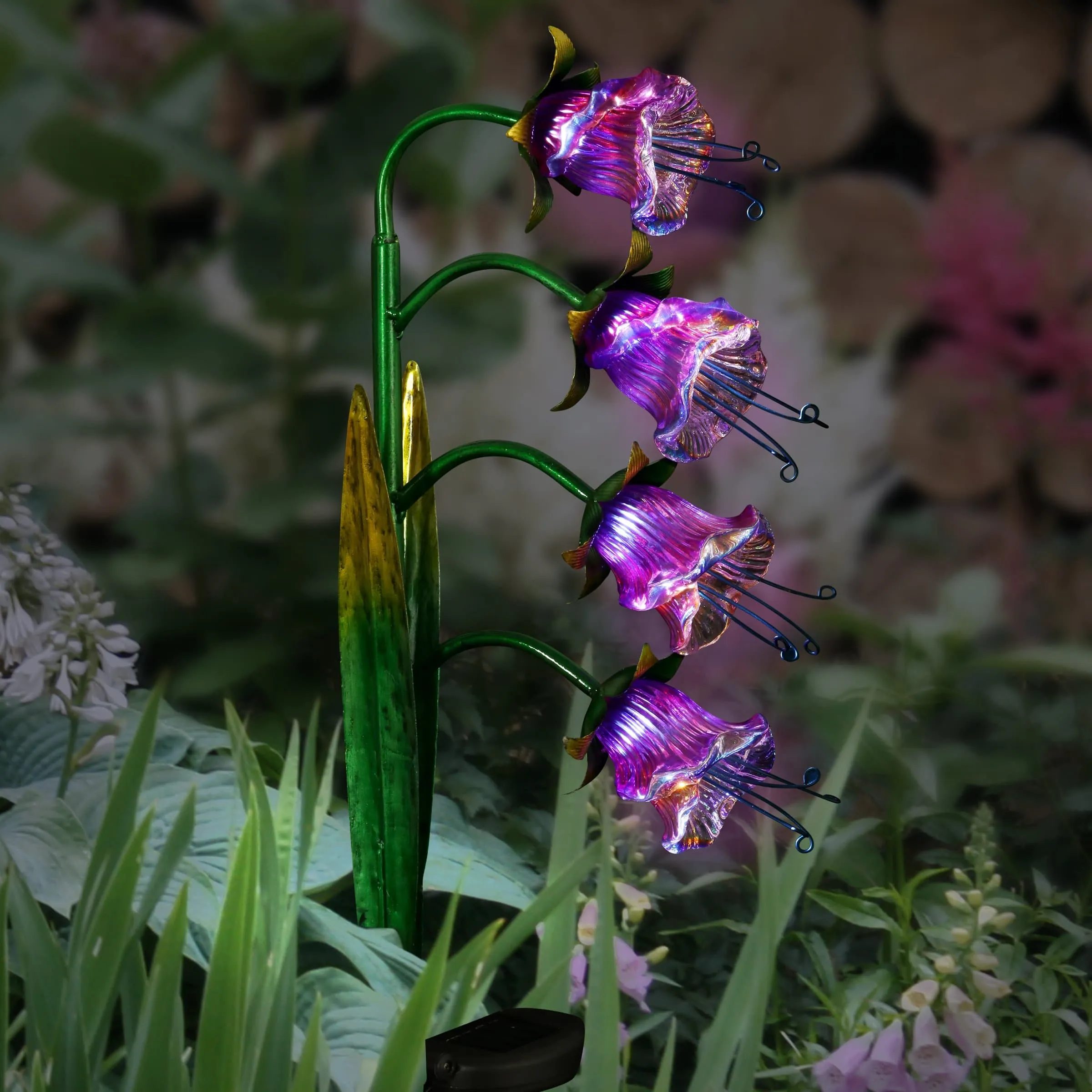 Solar Iridescent Glass Garden Stake with Four Cascading Pink Bell Flowers, 8 by 34 Inches