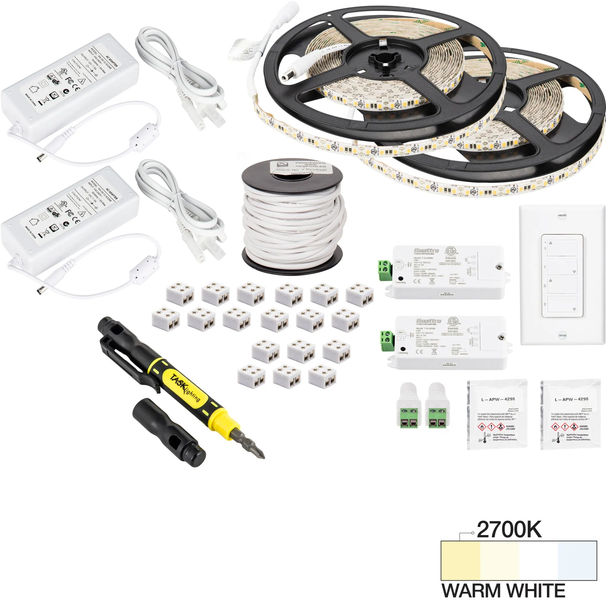 Task Lighting 32 Ft.. 225 Lumens/Ft. 12-volt Standard Output Duo Wireless Controller Tape Light Kit, 2 Zone 2 Area, Single-White, L-VK2Z2A-32-30