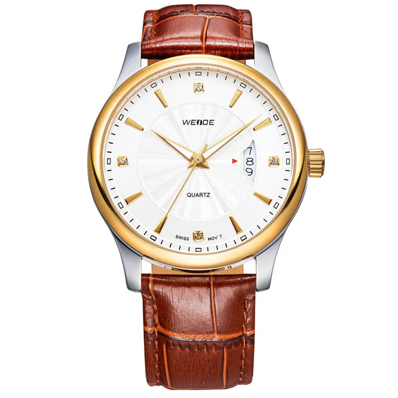 Top Brand WEIDE Luxury Quartz Watch Gold Genuine Leather Strap Men Dress Watches Casual Rhinestone Men Wristwatches