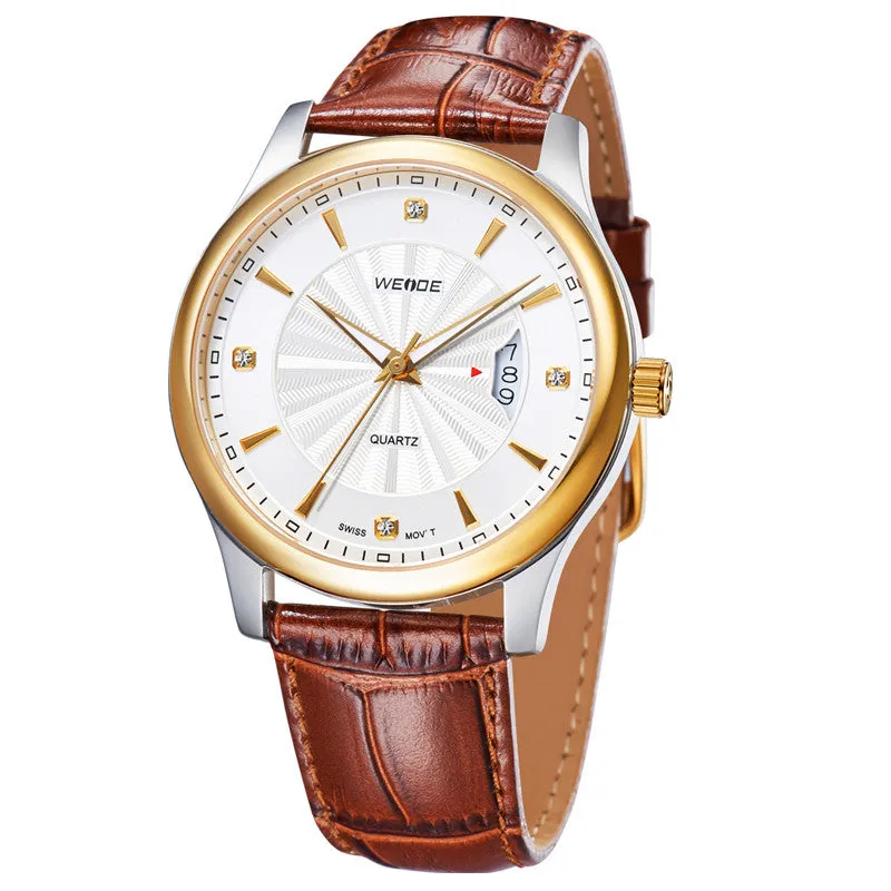 Top Brand WEIDE Luxury Quartz Watch Gold Genuine Leather Strap Men Dress Watches Casual Rhinestone Men Wristwatches