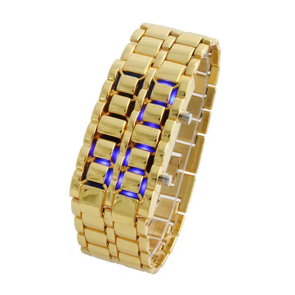 Unisex Digital Casual Watches Men and Women's Watch Blue & Red LED Digital Lava Style Gold Steel Band