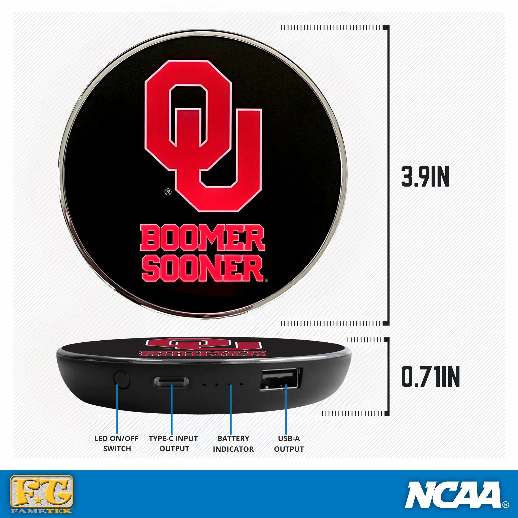 University of Oklahoma Qi Wireless Charger With Illuminated Boomer Sooner Logo & Built-In Power bank