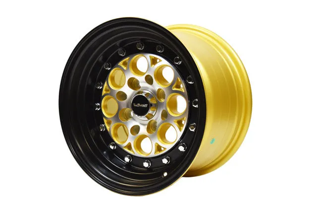 VMS Wheels Revolver 13x9 4x100/114.3  0 Offset Machined Gold Black Lip Chrome RivOffsets - VWRE007