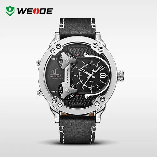 WEIDE Universe 3 Time Zones Watch Men Sport Water Resistant 3ATM Men's Quartz Movement Military Original Leather Strap Watches