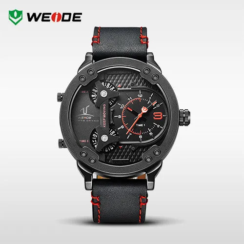 WEIDE Universe 3 Time Zones Watch Men Sport Water Resistant 3ATM Men's Quartz Movement Military Original Leather Strap Watches