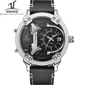 WEIDE Universe 3 Time Zones Watch Men Sport Water Resistant 3ATM Men's Quartz Movement Military Original Leather Strap Watches