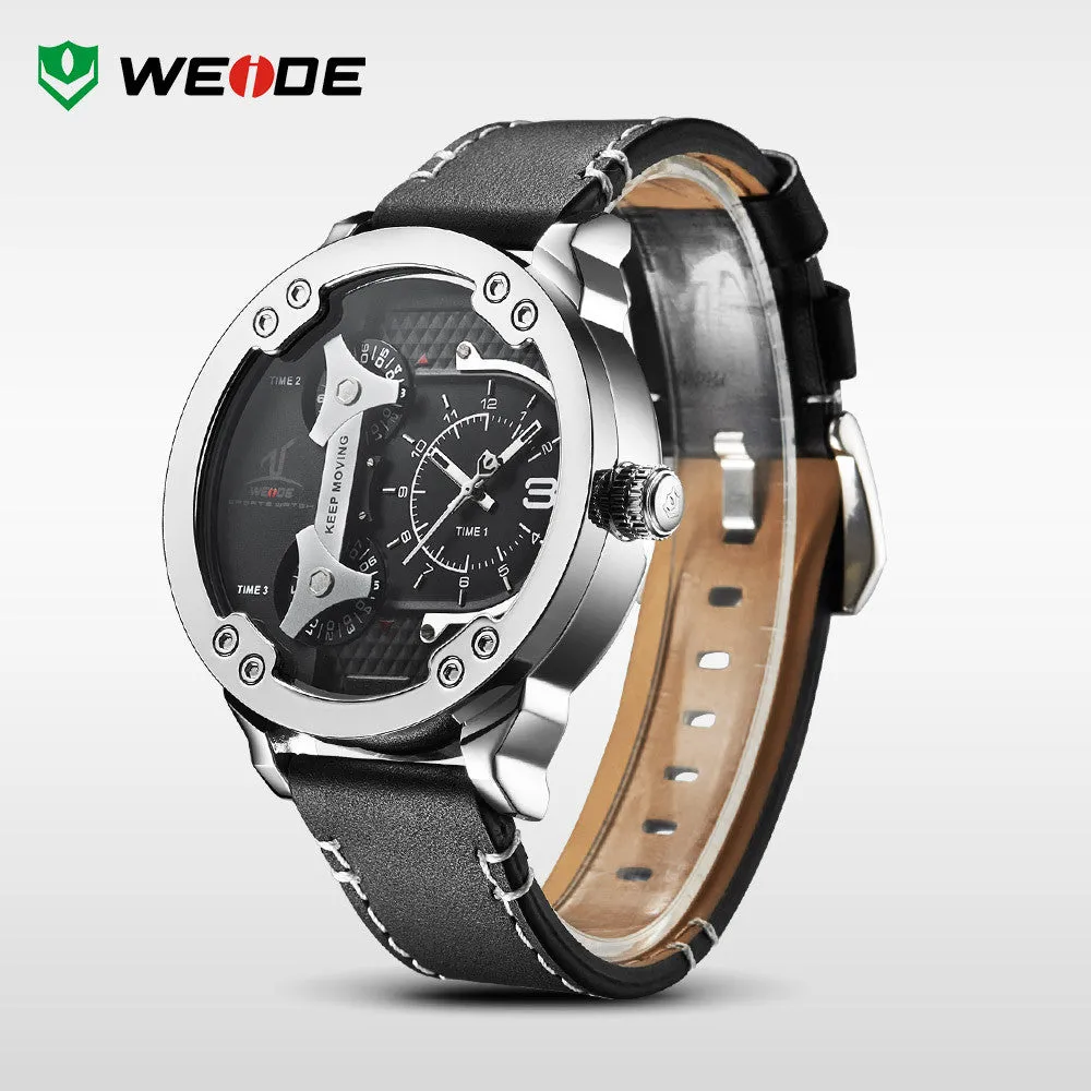 WEIDE Universe 3 Time Zones Watch Men Sport Water Resistant 3ATM Men's Quartz Movement Military Original Leather Strap Watches