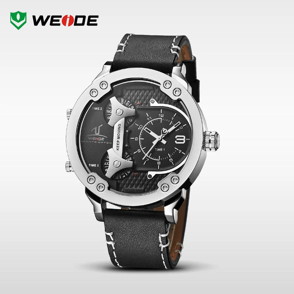 WEIDE Universe 3 Time Zones Watch Men Sport Water Resistant 3ATM Men's Quartz Movement Military Original Leather Strap Watches