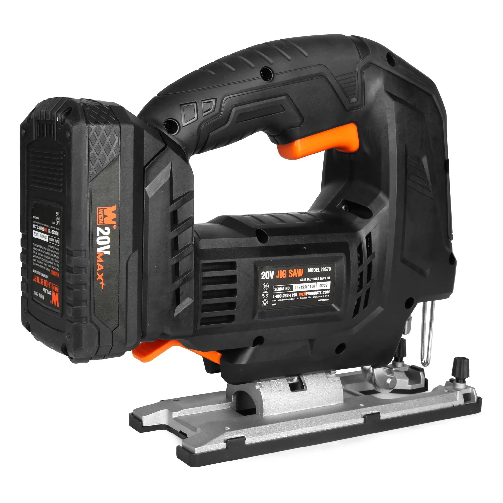 WEN 20670 20V Max Cordless Brushless Auto-Speed Jigsaw with 4.0Ah Lithium Ion Battery and Charger