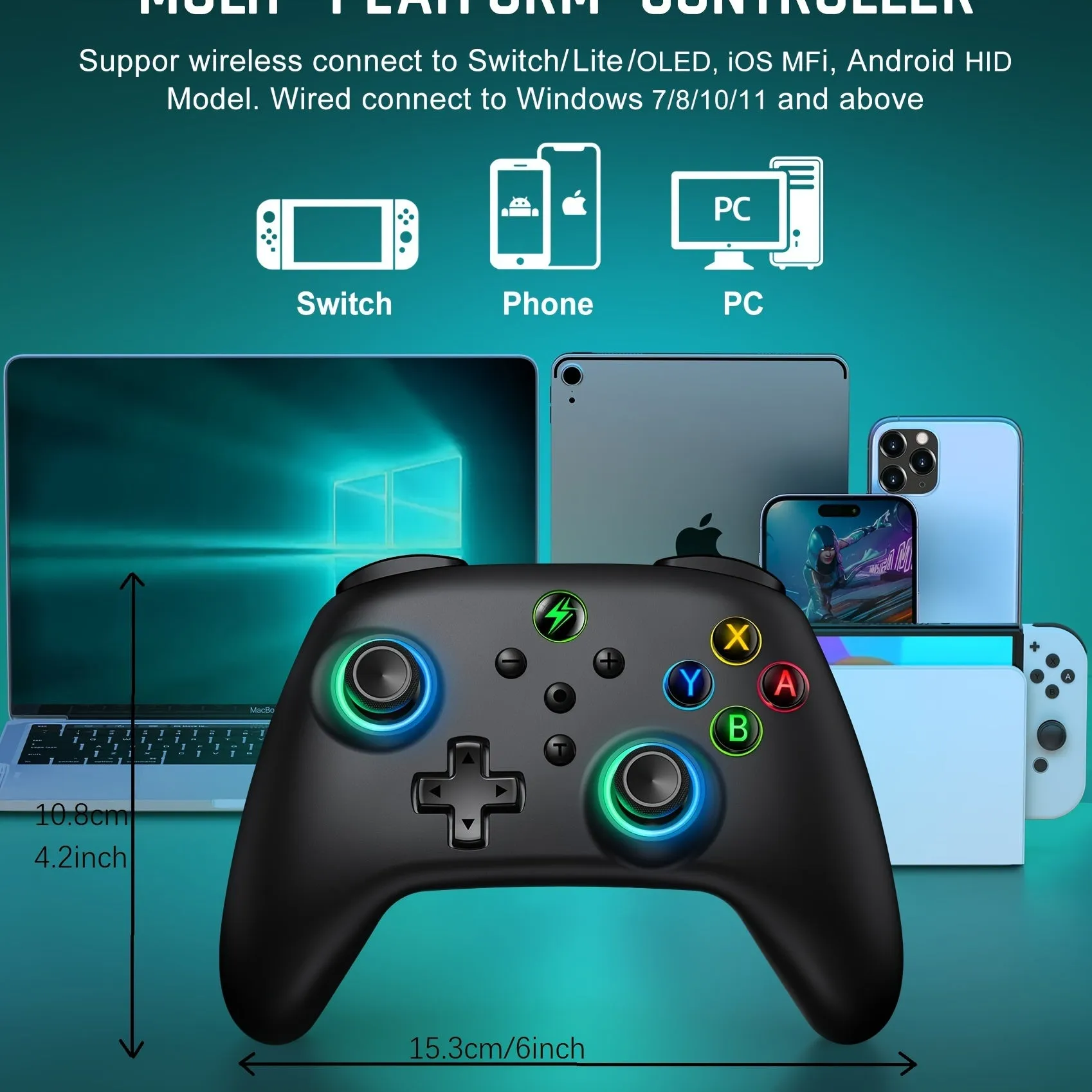 Wireless Switch Pro Controller with RGB Breathing LED for Switch/OLED/Lite